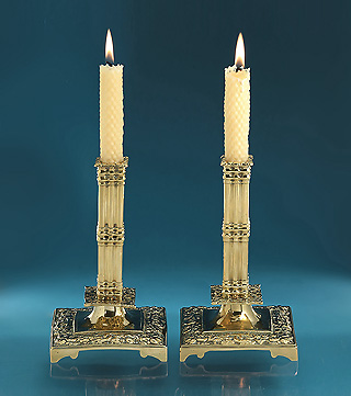 Pair Brass &Sheet Brass Column Culstered Candlesticks, C1675